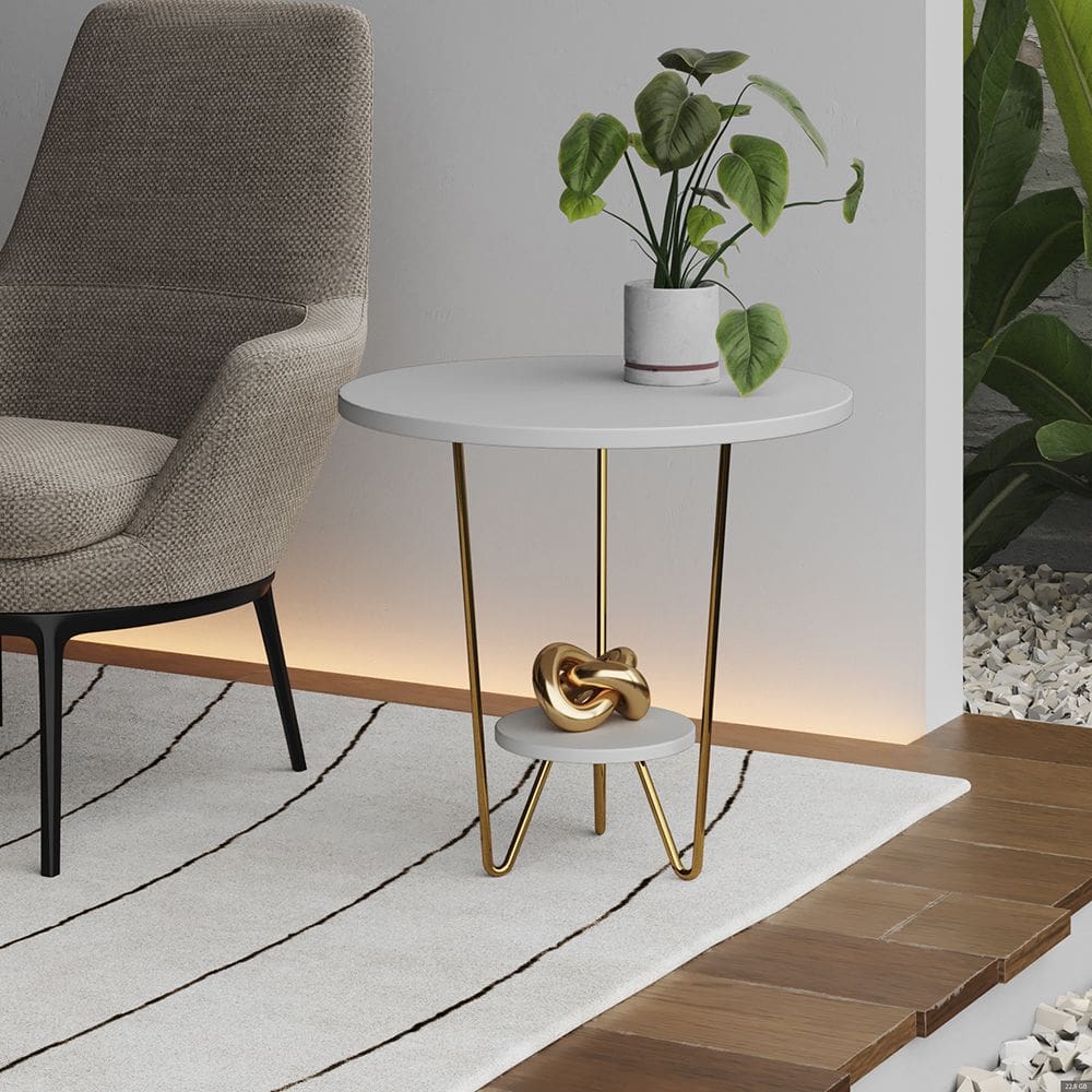 Mesa Lateral Redonda Industrial Italy Ferro Dourado e Tampo Branco