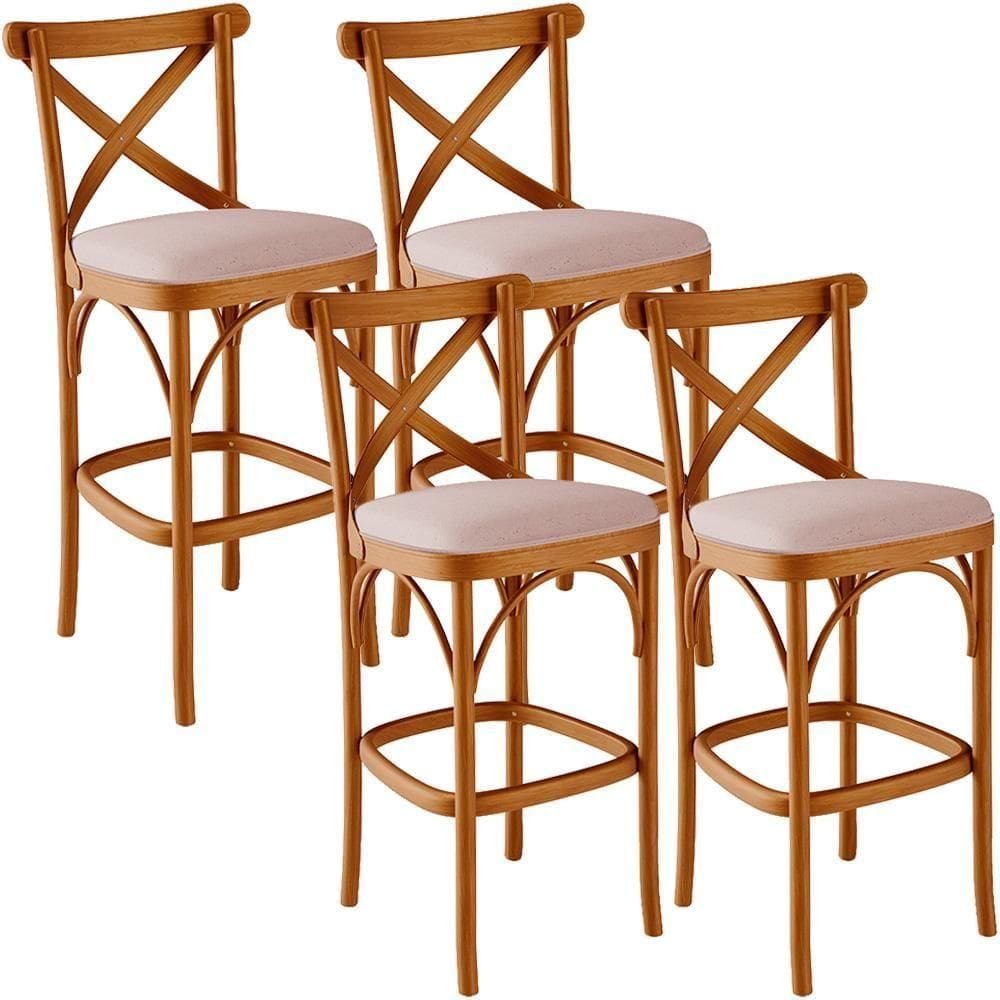 Kit 04 Banquetas Altas Cozinha Bancada Bar Sala De Jantar Estofada ávila L02 Linho Rosê - Lyam