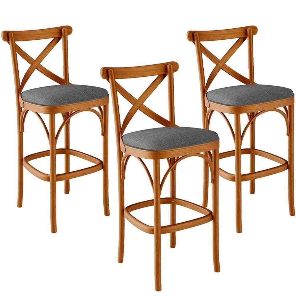Kit 03 Banquetas Altas Cozinha Bancada Estofada ávila L02 Linho Cinza Escuro - Lyam