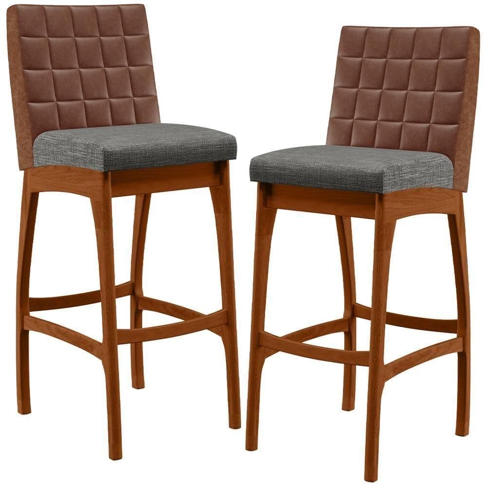 Kit 02 Banquetas Altas Sala Jantar Fixa Mila B04 Couríssimo Marrom Linho Cinza Escuro - Lyam Decor