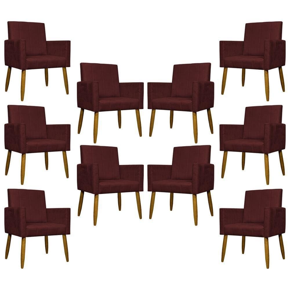 Kit 10 Poltronas Decorativas Mari Pé Palito Castanho - Bordô Suede