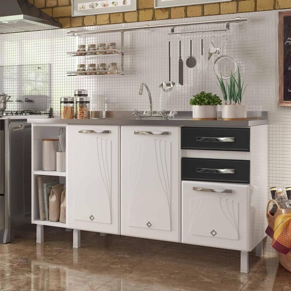 Balcão De Cozinha De Aço 150cm Multimóveis Branco-preto