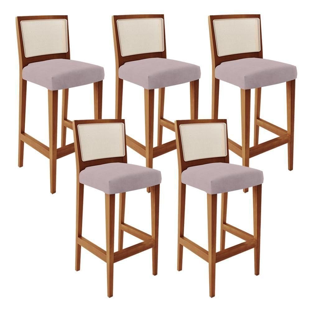 Kit 05 Banquetas Alta Branco Suede Rosê