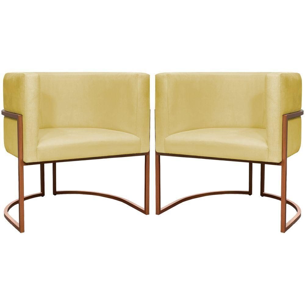 Kit 2 Poltronas Para Sala De Recepção Luna Suede Cores Base De Ferro Bronze - Amarelo, Suede