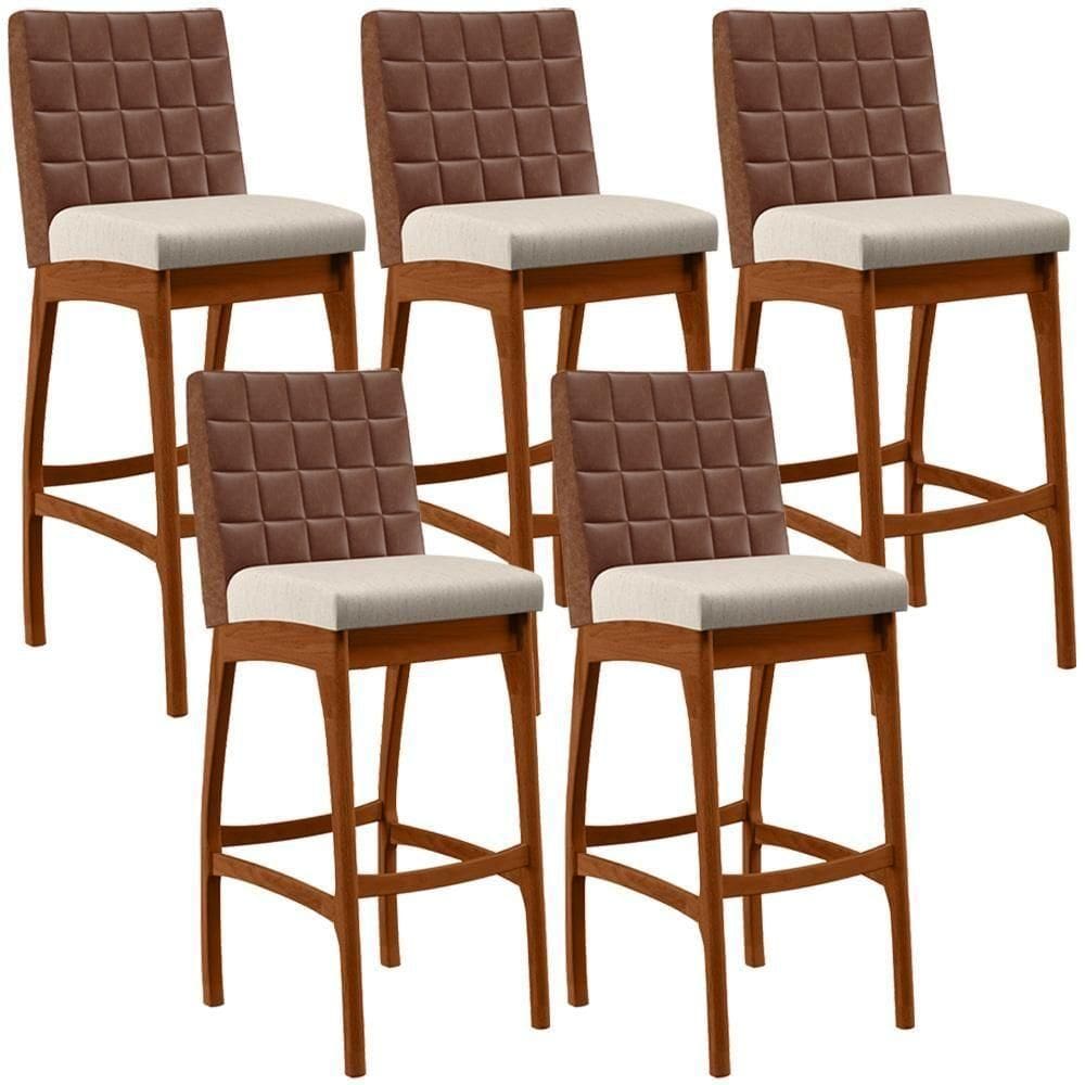 Kit 05 Banquetas Altas Mila Marrom Linho Cru