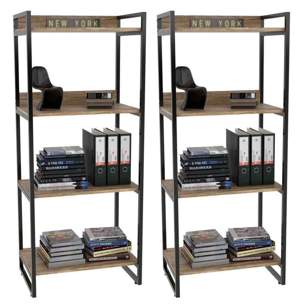 Kit 2 Estante Livreiro Prisma Estilo Industrial 60Cm 4 Prateleiras C08 Carvalho - Mpozenato