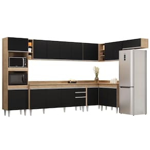 Armário De Cozinha Modulada De Canto 9 Peças Cp05 Balcão Com Tampo Castanho/preto - Lumil