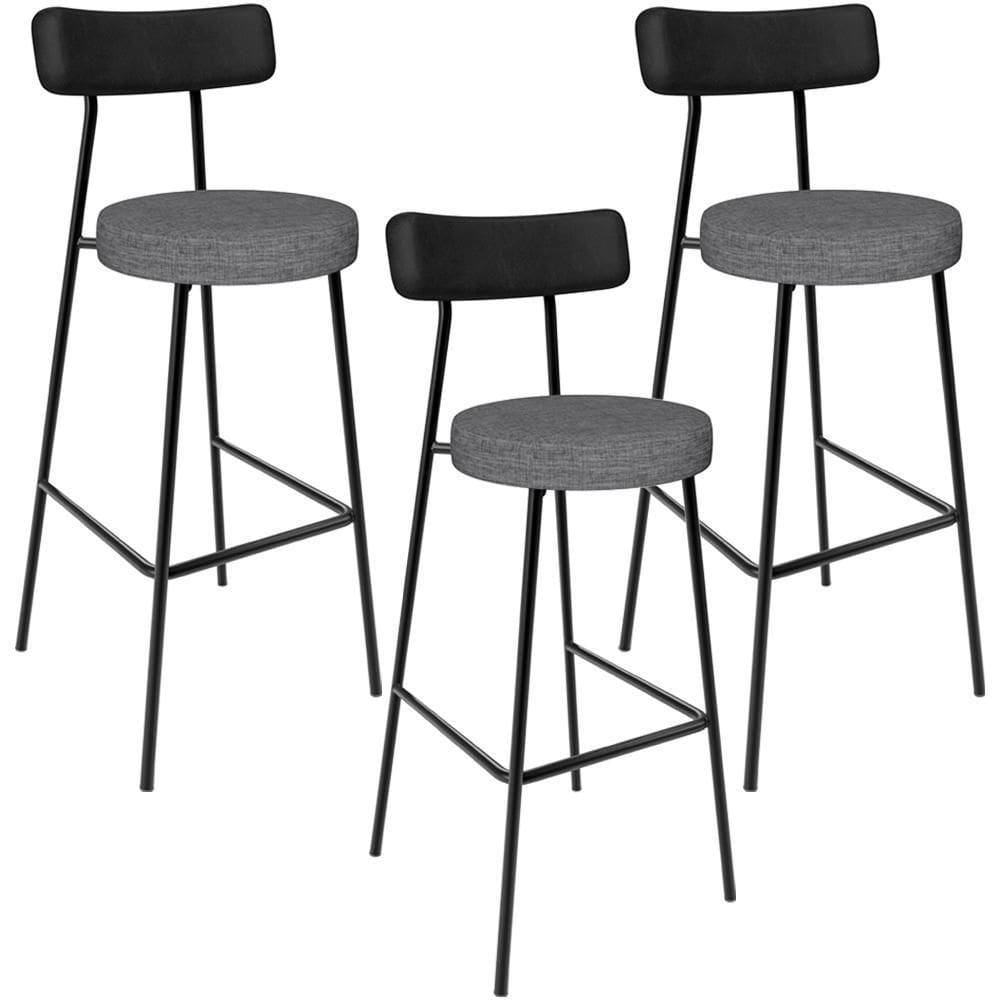 Kit 03 Banquetas Alta Cozinha Sala Jantar Milão L02 Couríssimo Preto Linho Cinza Escuro