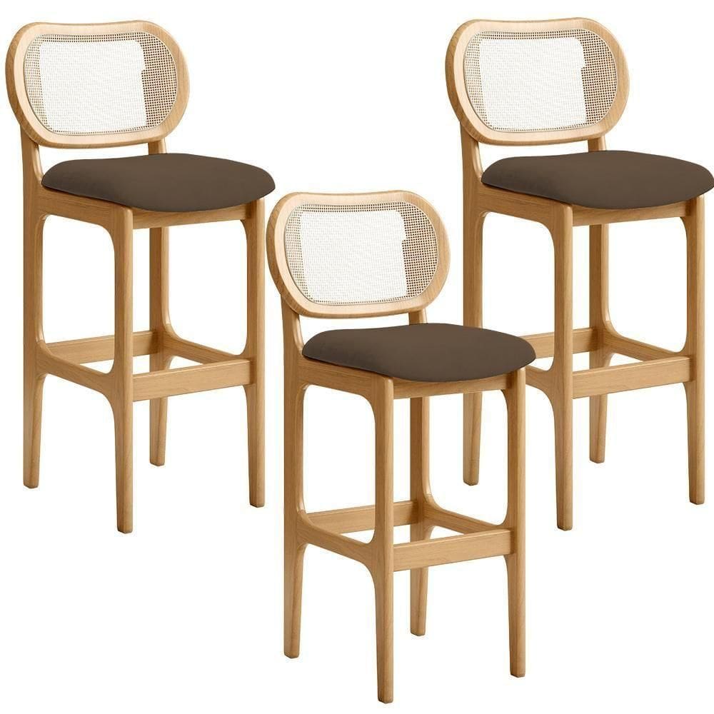 Kit 03 Banquetas Altas Para Cozinha Bancada Sala Tela Betta Fixa L02 Suede Marrom - Lyam