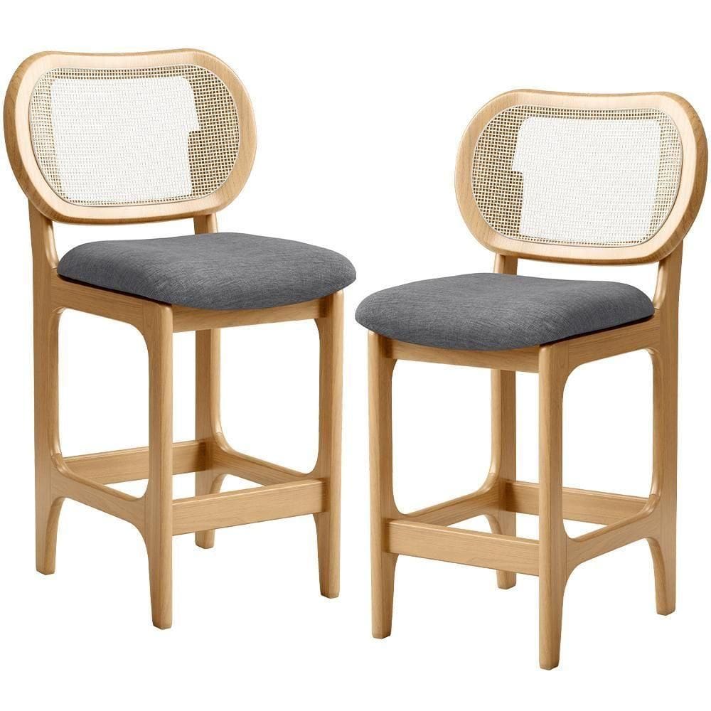 Kit 2 Banquetas Baixa Bar Cozinha Sala De Jantar Betta L02 Mel Tela Linho Cinza Escuro - Lyam Decor