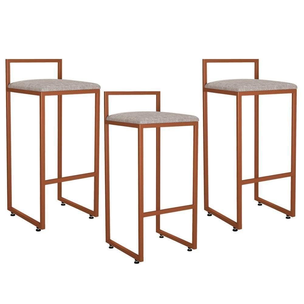 Kit 03 Banquetas Alta Hanna Bronze Linho Bege