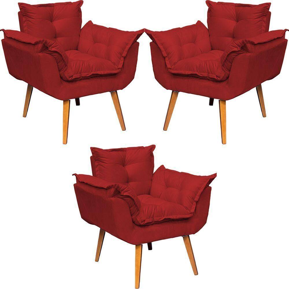 Kit 3 Poltronas Decorativa Alice Pé Trapézio 30cm Castanho - Suede