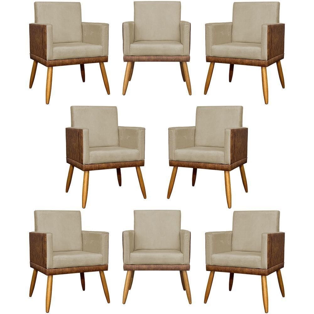 Kit 8 Poltronas Decorativas Modernas Para Recepção Lis Corino Pé 30 Cm - Nude Suede Corino