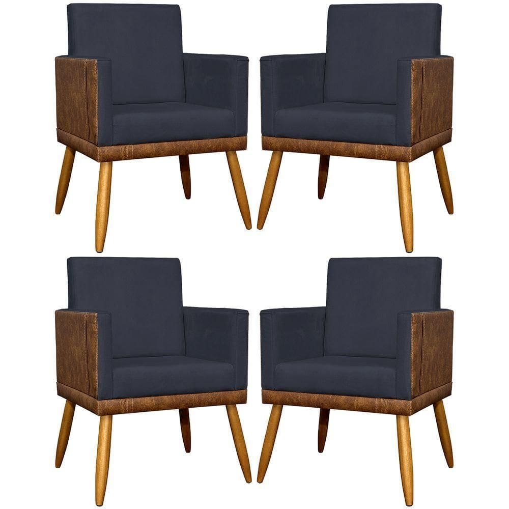 Kit 4 Poltronas Para Sala Modernas Lis Corino E Suede Cores Pé 30cm - Preto, Suede/corino