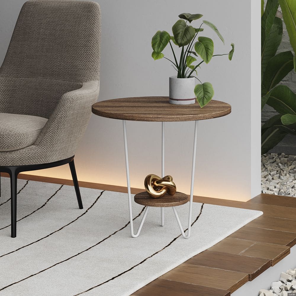 Mesa Lateral Redonda Industrial Italy Ferro Branco e Tampo Amêndoa