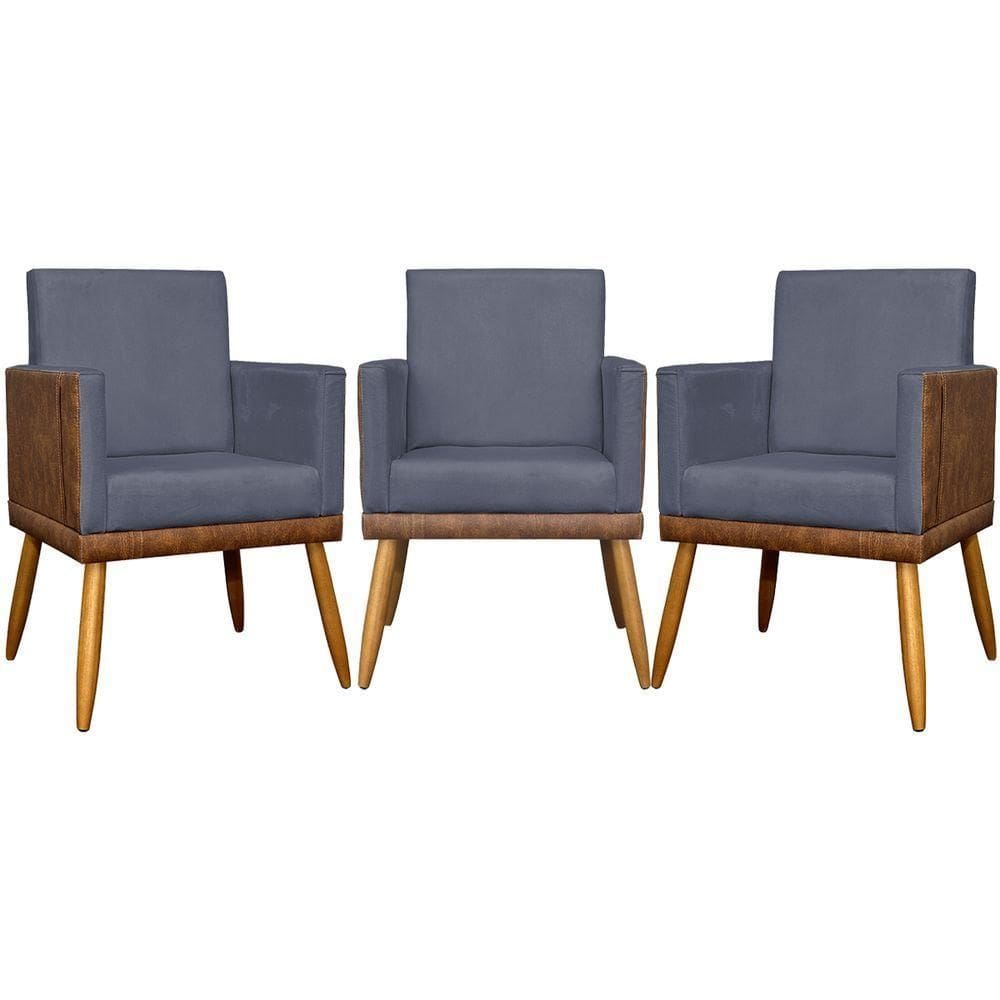Kit 3 Poltronas Decorativas Lis Corino e Pé Palito - Cinza Suede Corino