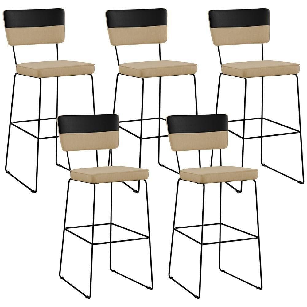 Kit 05 Banquetas Altas Faixa Corano Preto Linho Bege Escuro