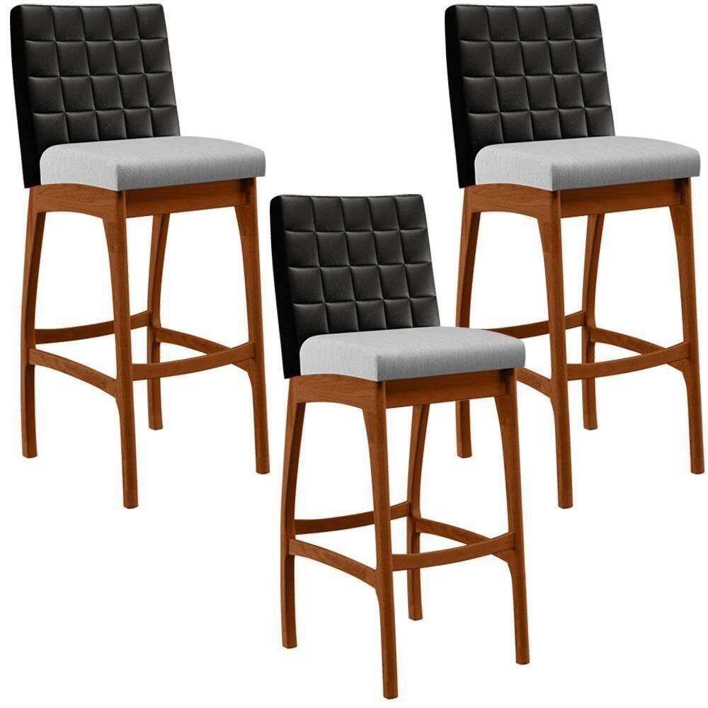Kit 03 Banquetas Altas Cozinha Mila B04 Preto Linho Cinza