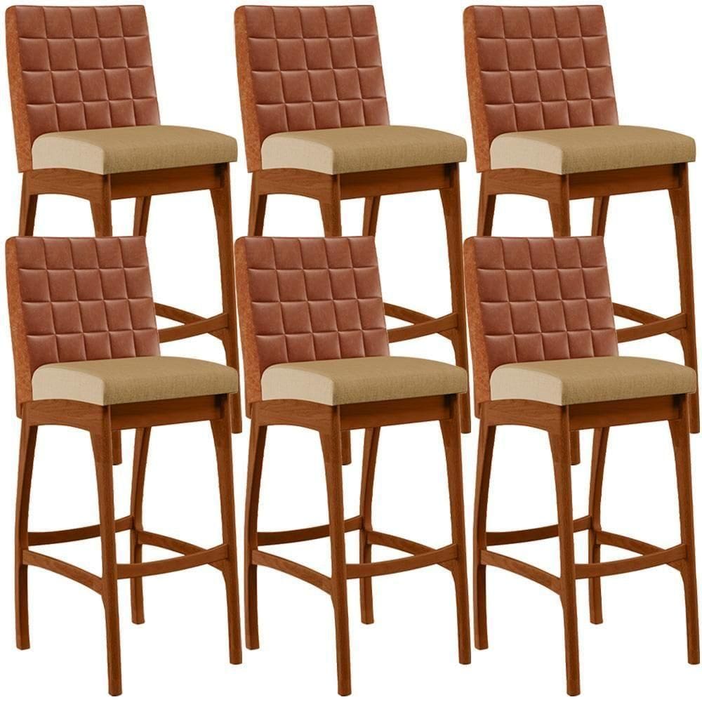 Kit 06 Banquetas Altas Mila Camel Linho Bege Escuro