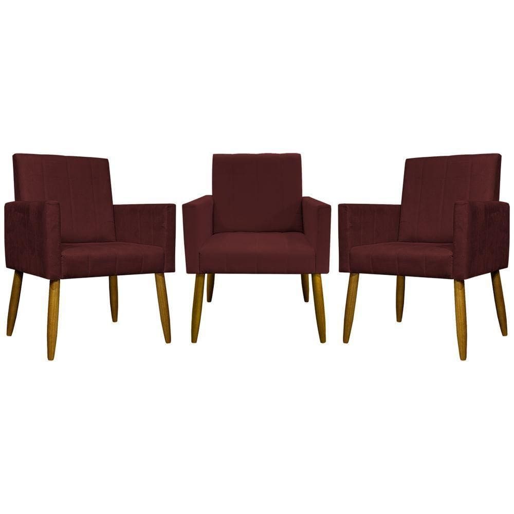 Kit 3 Poltronas Decorativas Confortáveis Mari - Bordô Suede