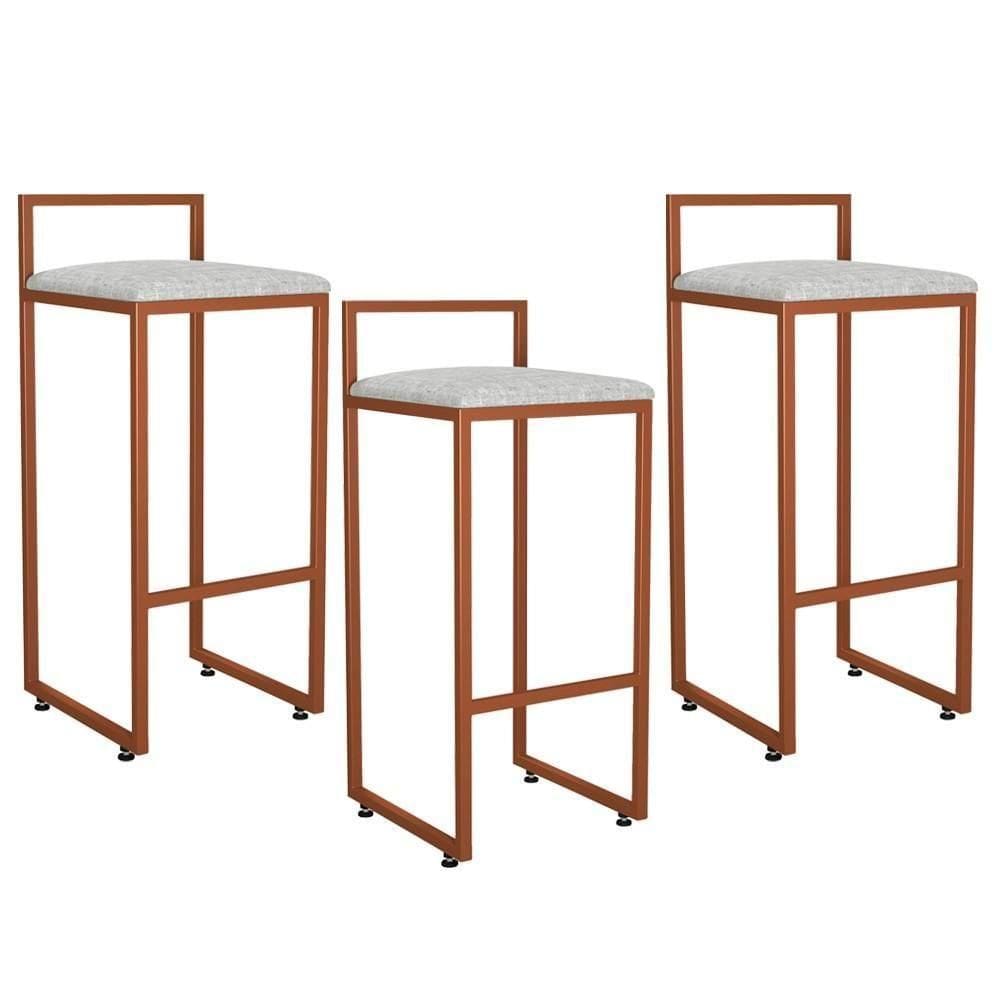 Kit 03 Banquetas Alta Hanna Bronze Linho Cinza