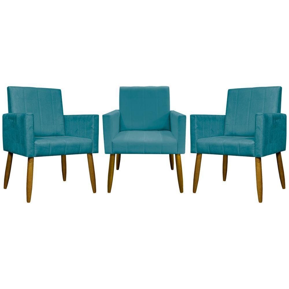 Kit 3 Poltronas Decorativas Confortáveis Mari - Azul-turquesa Suede