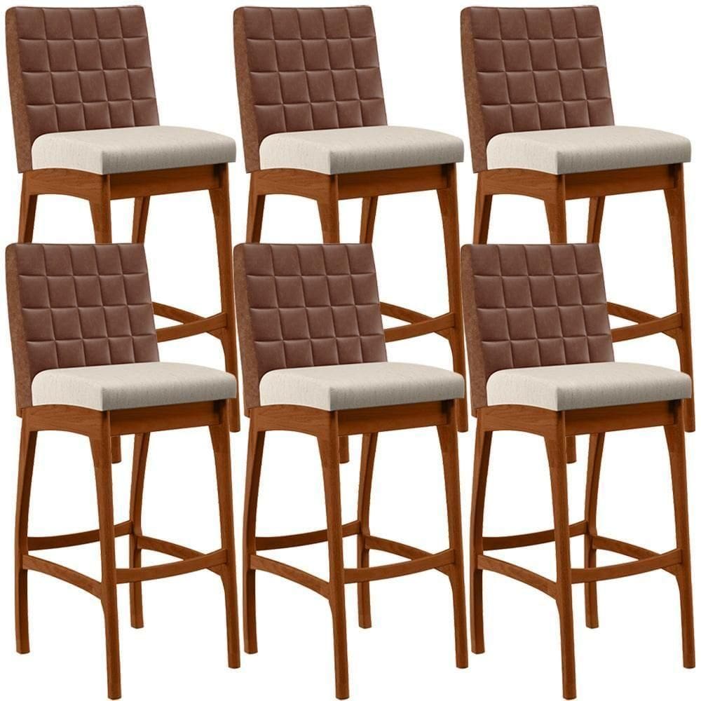 Kit 06 Banquetas Altas Mila Marrom Linho Cru
