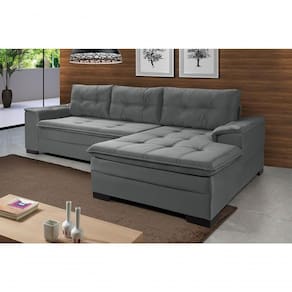 Sofá Viena Chaise Suede Fixo Pés Madeira Living Confortável Império Cinza 380