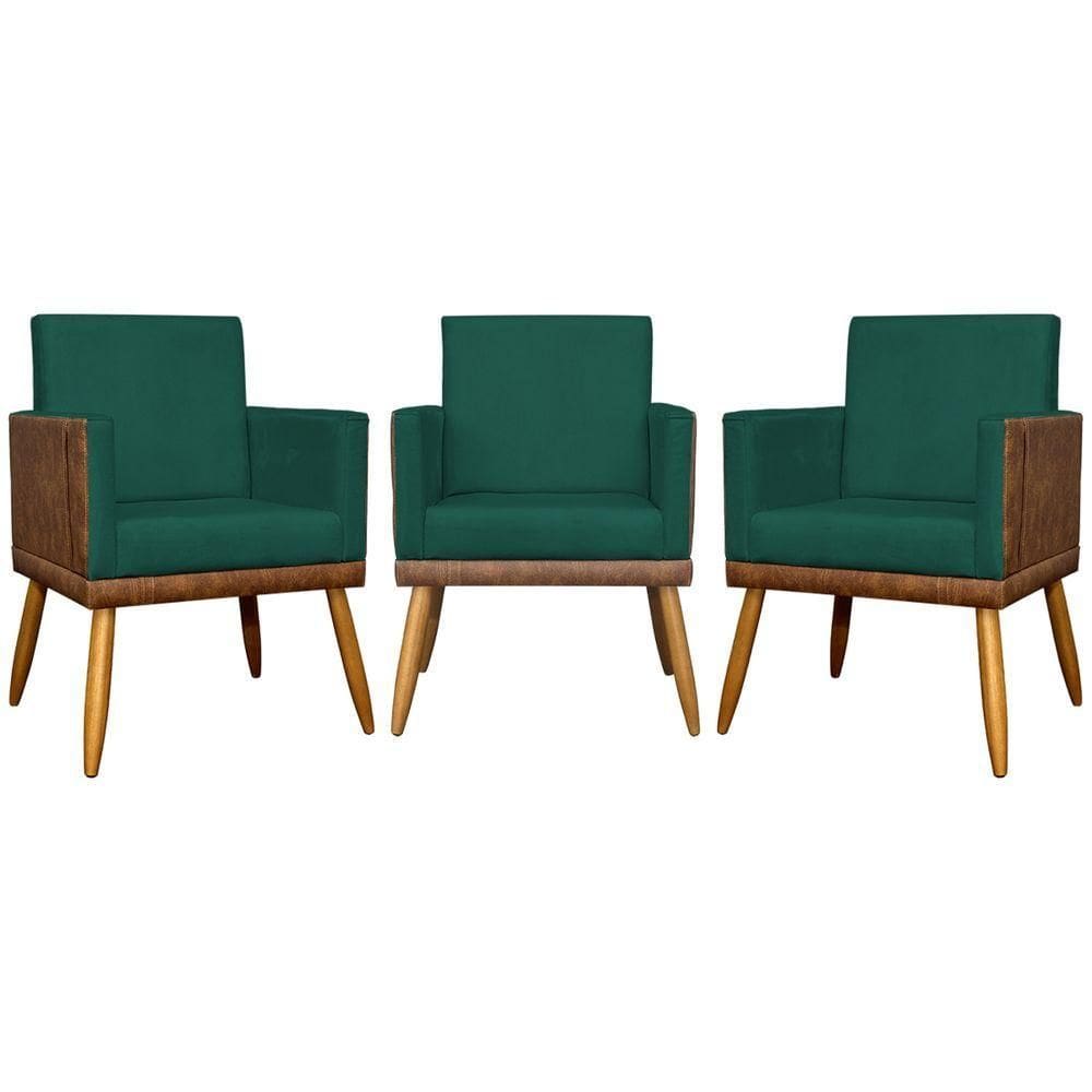 Kit 3 Poltronas Decorativas Lis Corino e Pé Palito - Verde Suede Corino
