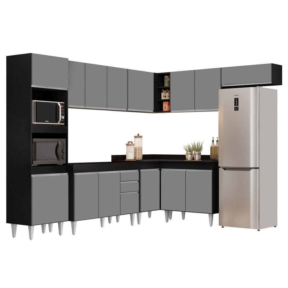 Armário De Cozinha Modulada De Canto 8 Peças Cp01 Balcão Preto/cinza - Lumil