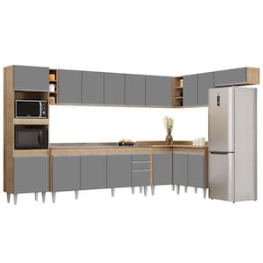 Armário De Cozinha Modulada De Canto 9 Peças Cp06 Balcão Com Pia Inox Castanho/cinza - Lumil