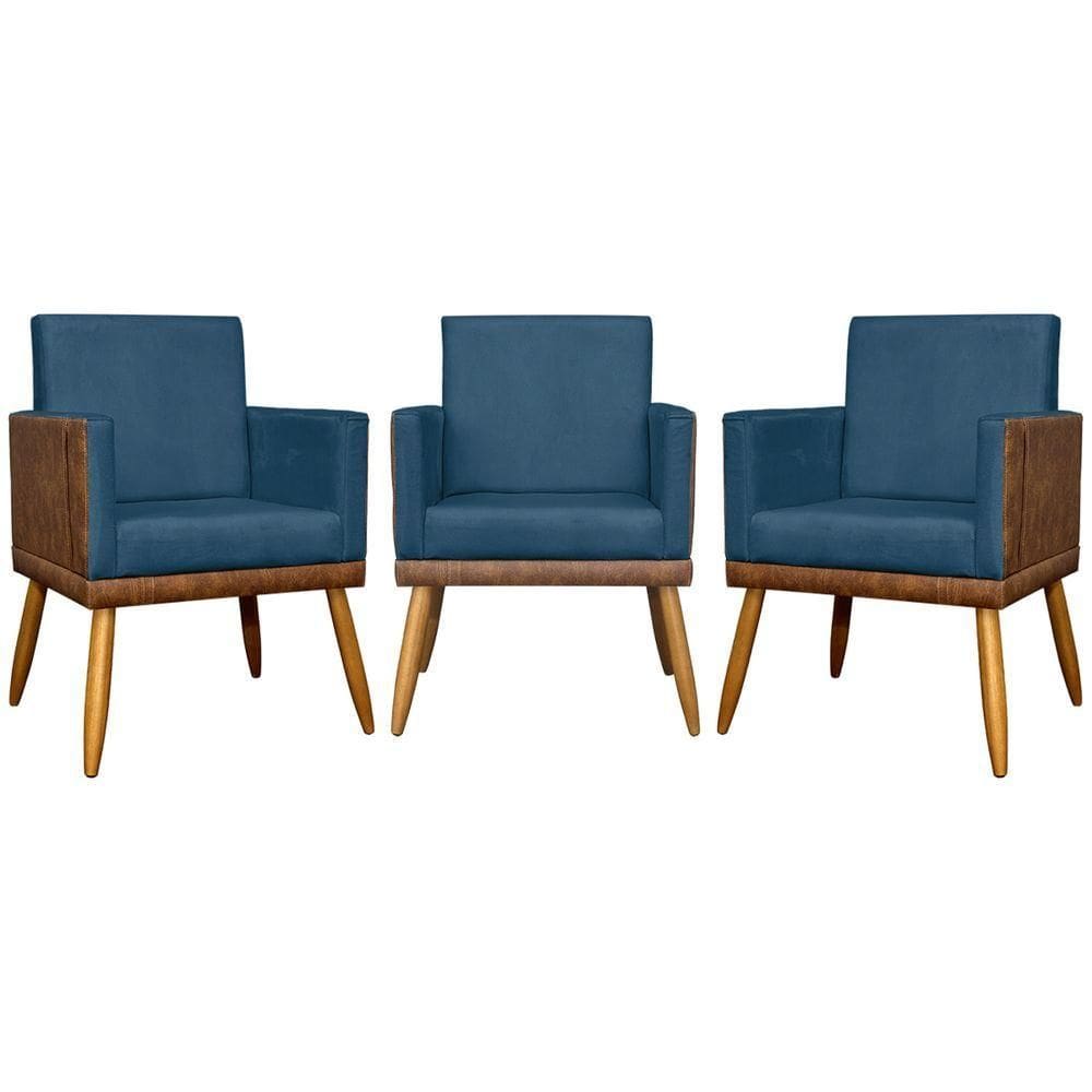 Kit 3 Poltronas Decorativas Lis Corino e Pé Palito - Azul-marinho Suede Corino