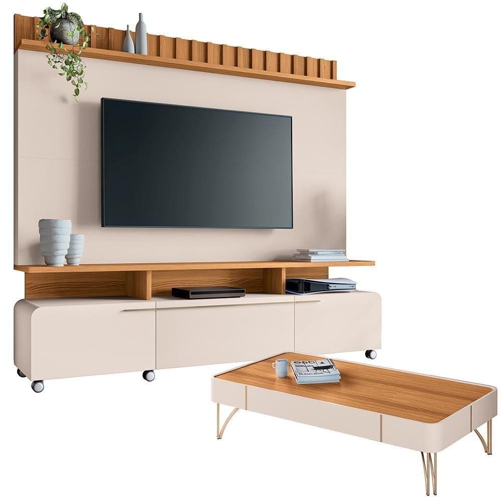 Estante Painel Para Tv 70 Pol Artemis E Mesa De Centro Harmony B01 Off White Cinamomo