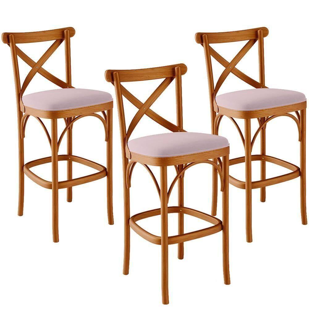 Kit 03 Banquetas Altas Cozinha Bancada Bar Sala De Jantar Estofada ávila L02 Suede Rosê - Lyam