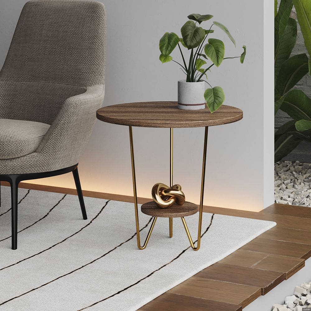 Mesa Lateral Redonda Industrial Italy Ferro Dourado e Tampo Amêndoa