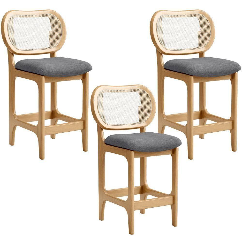 Kit 3 Banquetas Baixa Bar Cozinha Sala De Jantar Betta L02 Mel Tela Linho Cinza Escuro - Lyam Decor