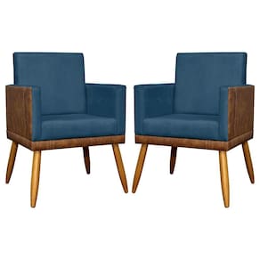 Kit 2 Poltronas Decorativas Lis Corino E Suede Cores Pé Palito 30cm - Azul-marinho, Suede/corino