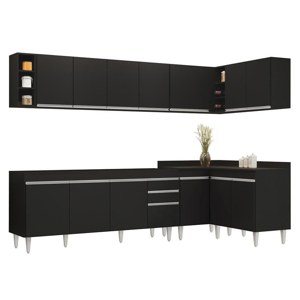 Armário De Cozinha Modulado De Canto 7 Peças Cp34 Balcão Sem Tampo Preto - Lumil