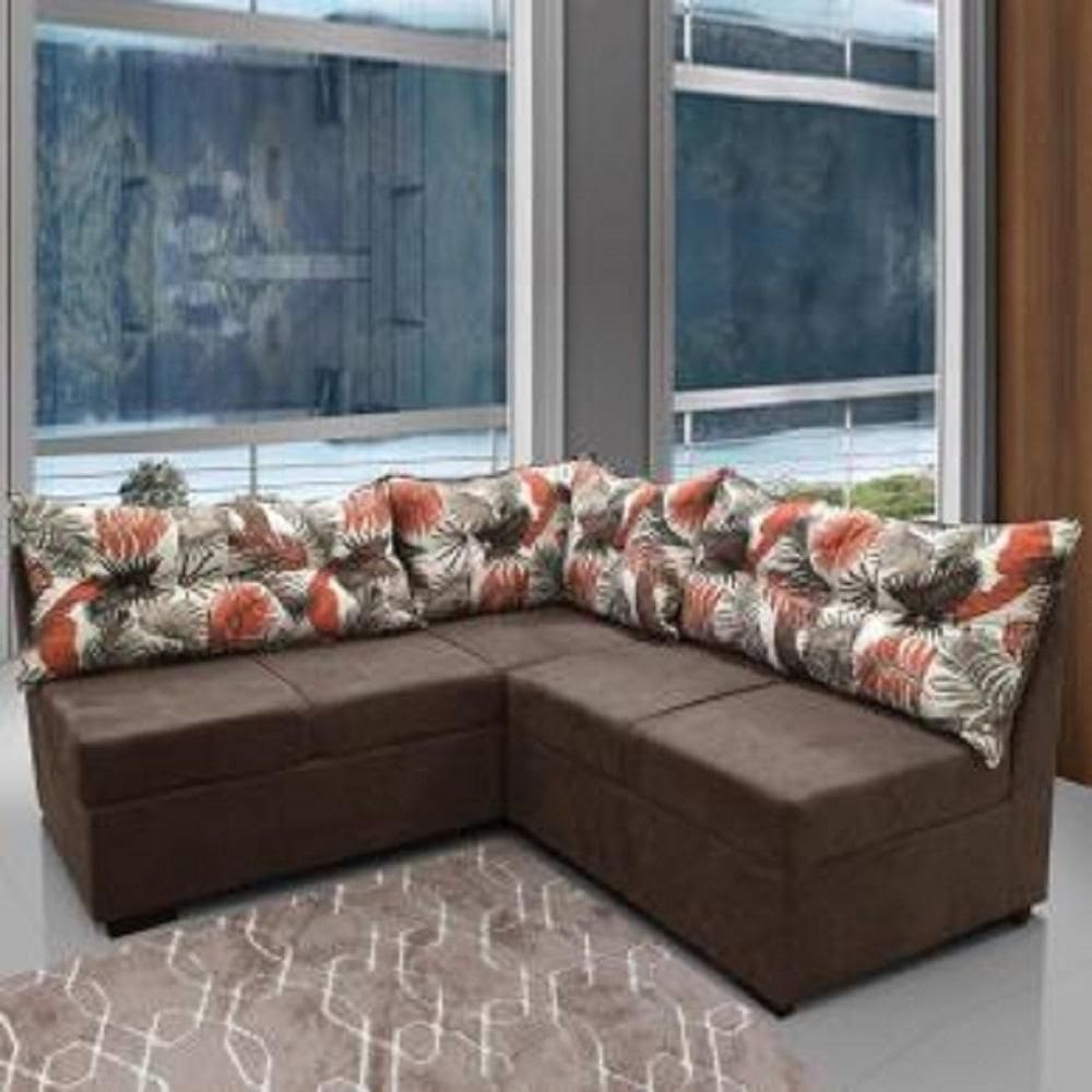 Sofá De Canto 5 Lugares Renaut Suede Marrom / Palmeira Marrom / Palmeira