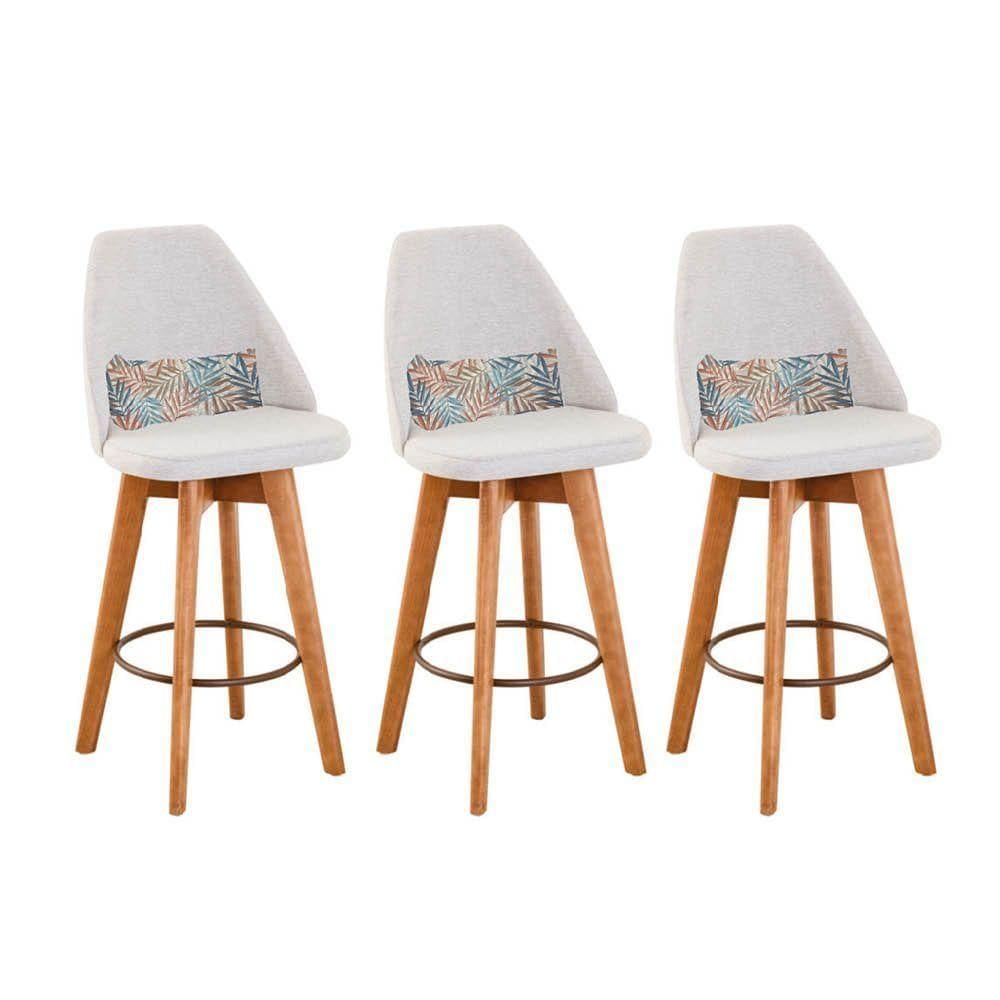 Kit 03 Banquetas Linho Bege E Almofada Folhas