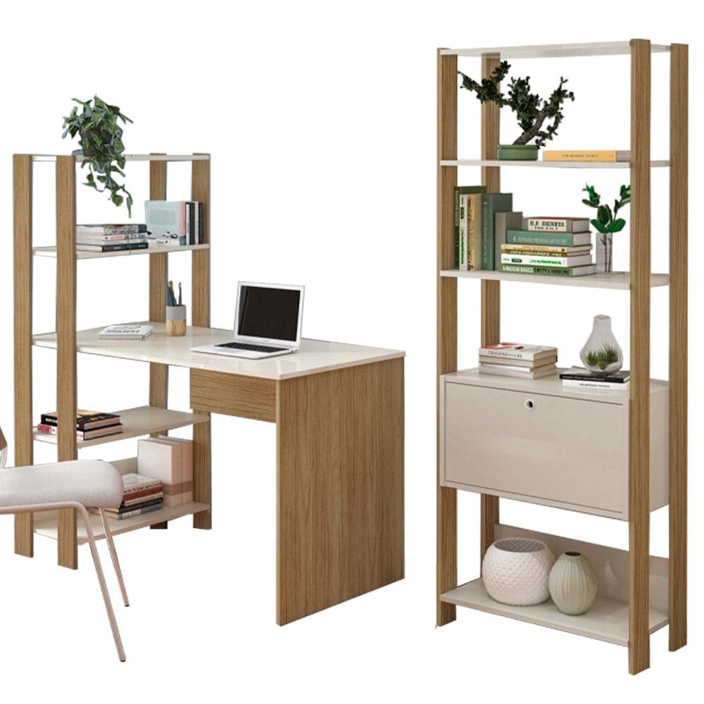Mesa Escrivaninha E Estante Livreiro 1P Carvalho Off White ARLY