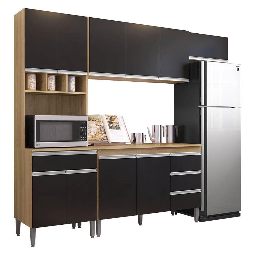 Cozinha Modulada 4 Peças Balcão Com Tampo 120cm Andréia Amêndoa Preto