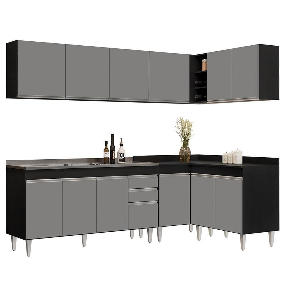 Armário De Cozinha Modulado De Canto 6 Peças Cp33 Com Pia Inox Preto-cinza - Lumil