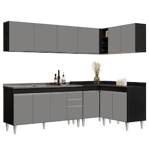Armário De Cozinha Modulado De Canto 6 Peças Cp33 Com Pia Inox Preto-cinza - Lumil
