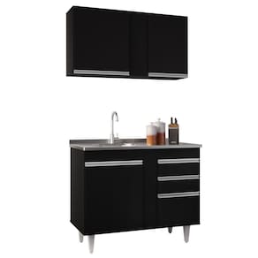 Armário Aéreo Indiana E Balcão Gabinete 100cm Com Pia Inox Luziania Preto - Lumil