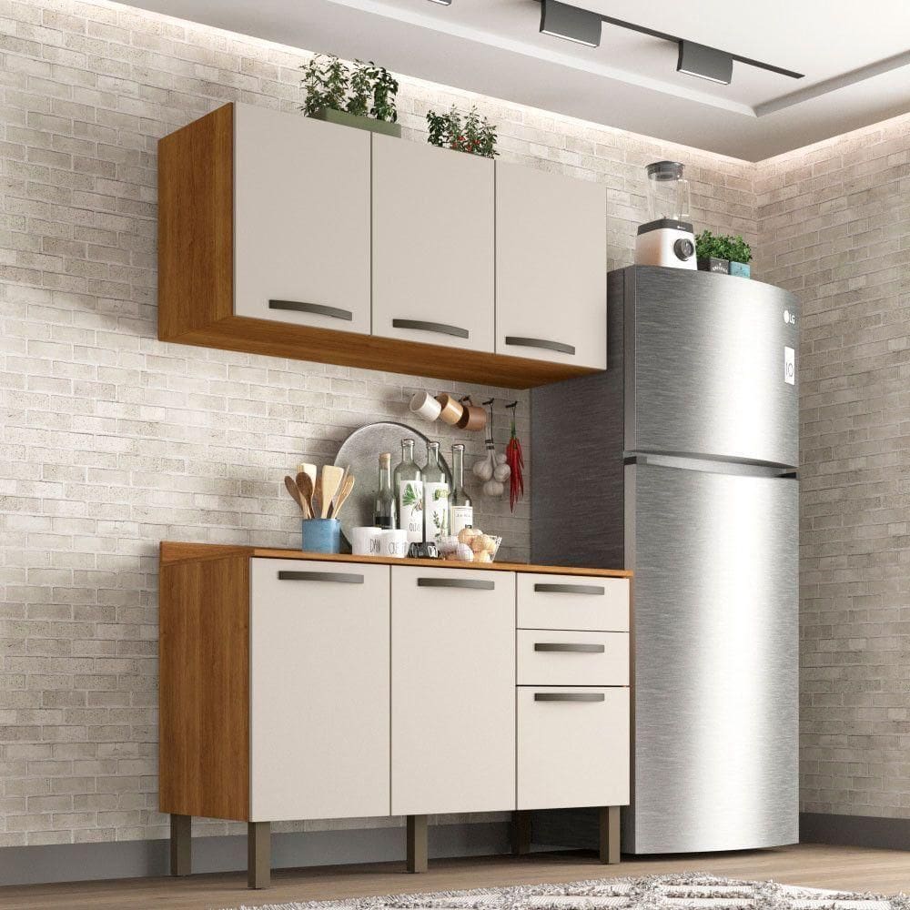 Cozinha Compacta Valencia 2 Peças 6 Portas 2 Gavetas Salleto Moveis Cinamomo Com Off White