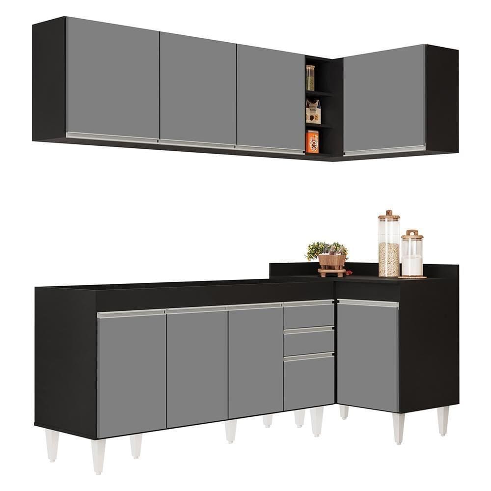 Armário De Cozinha Modulado De Canto Esquerdo 4 Peças Cp49 Balcão Sem Tampo Preto-cinza - Lumil