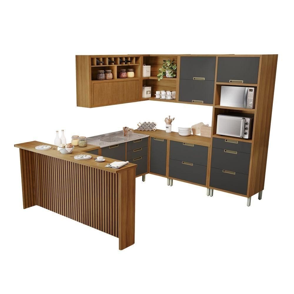 Cozinha 9 Peças Nesher Imperatriz Gourmet Canto 100% Mdf Freijó-grafite