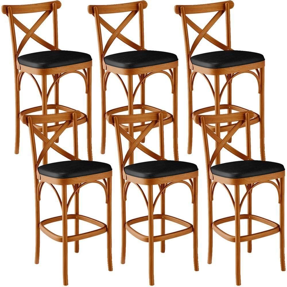 Kit 06 Banquetas Altas Cozinha Bancada Bar Sala Jantar Estofada ávila L02 Couríssimo Preto - Lyam