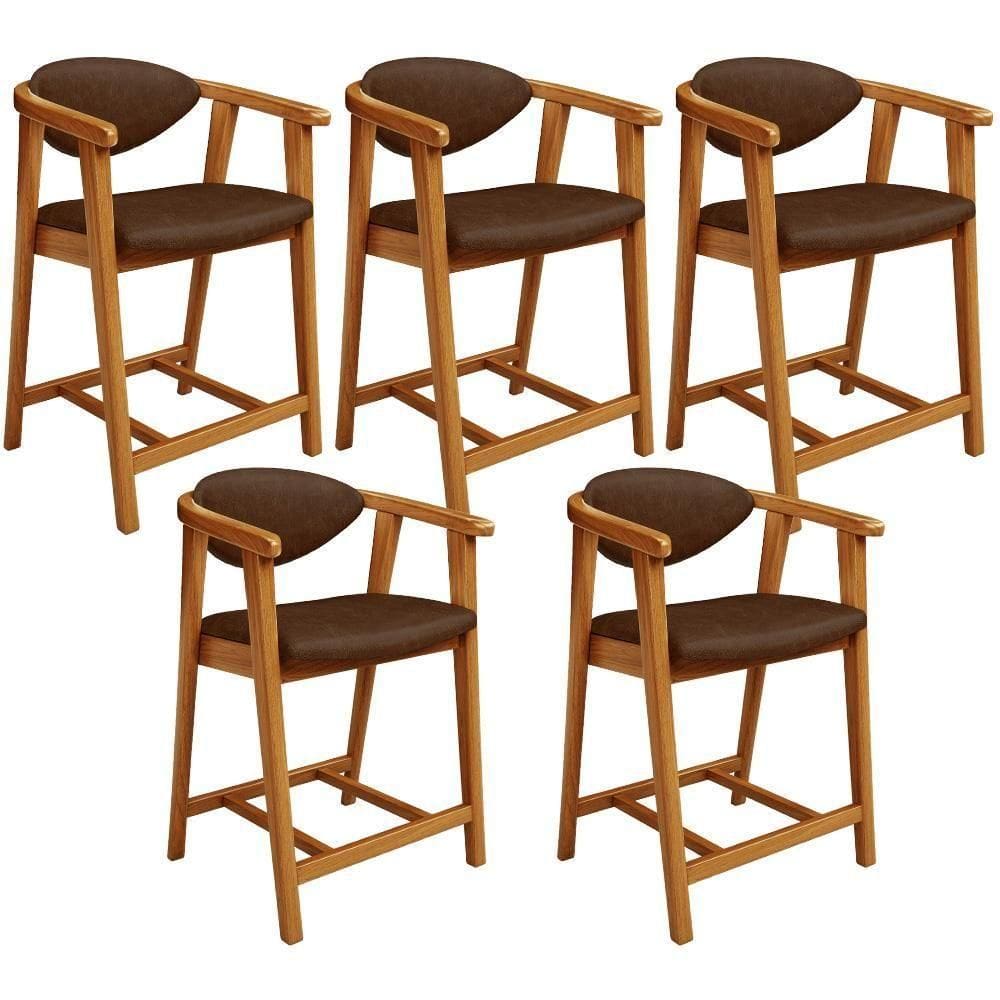 Kit 05 Banquetas Baixa Para Cozinha Sala Jantar Bancada Cecília L02 Couríssimo Marrom - Lyam Decor